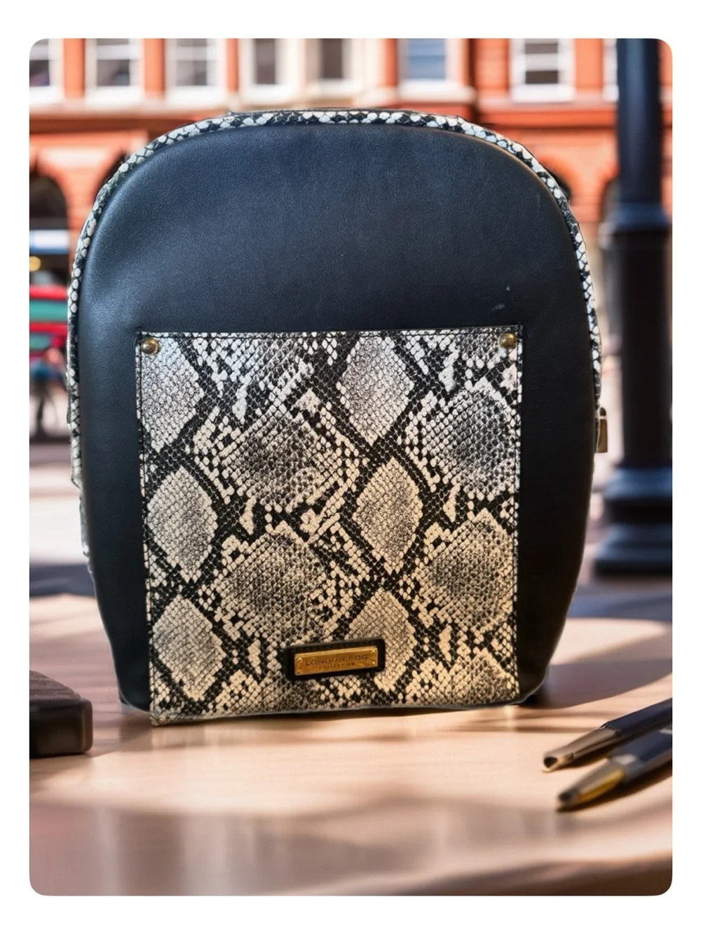 London Fog Black Backpack with Snake-Print Front Pocket